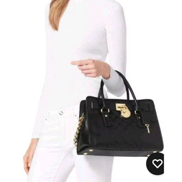 MICHAEL KORS HAMILTON BLACK QUILT LEATHER GOLD LOCK & KEY EW SATCHEL BAG. - Picture 11 of 11